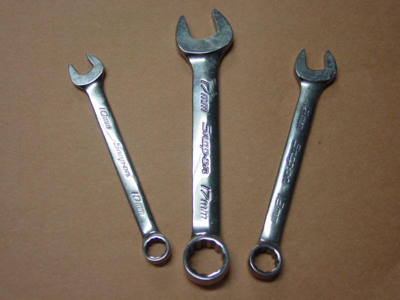 Snap-on 3 piece short metric combination wrenches 10mm, 12mm, 17mm
