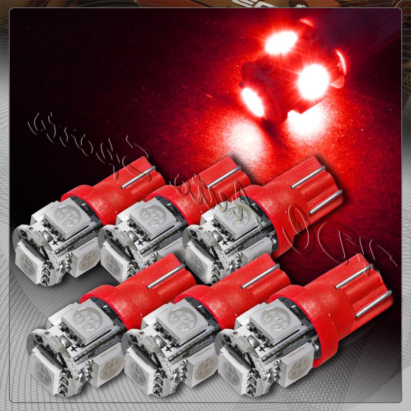 6x 5 smd led t10 wedge interior instrument panel gauge replacement bulbs - red