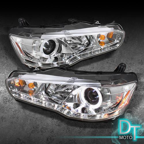 08-12 lancer evo-x halo projector headlights w/daytime drl led strip lights lamp