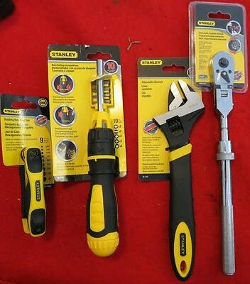 Lot of 4 stanley hand tools: extendable flex ratchet, ratchet screwdriver, &more
