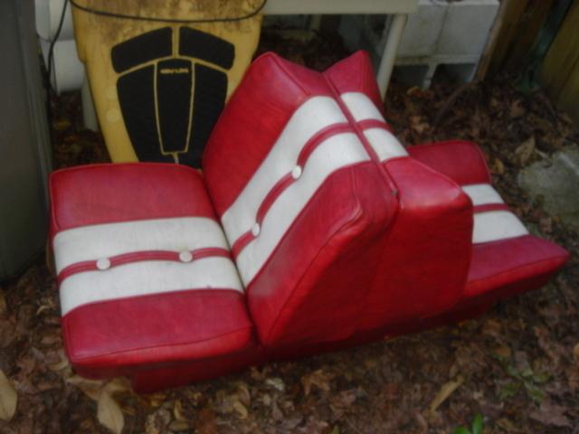 Vintage red & white  power boat back to back seat, folds out to sun bed