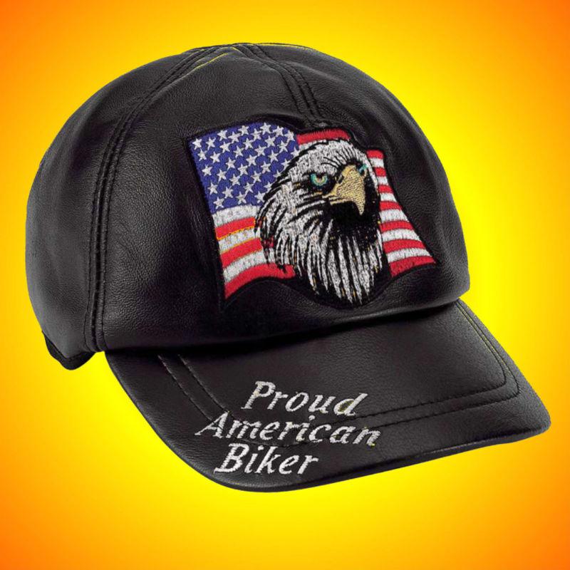 Solid leather motorcycle "proud american biker" cap--one size fits most