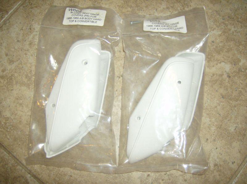 New 68-69 a/b body white bucket seat hinge covers hardtop and convertible