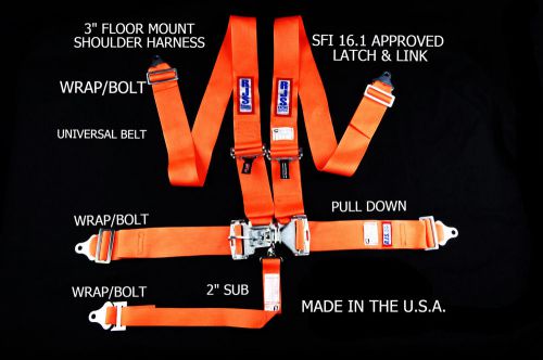 Rjs racing sfi 16.1 latch &amp; link 5 pt floor mount harness orange 1130505