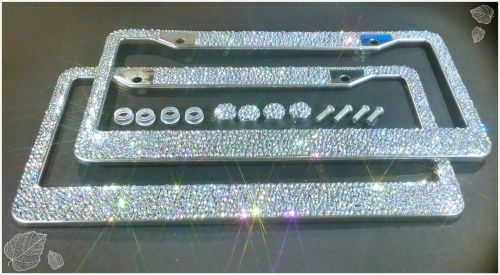 2 clear ab mix bling 3000 rhinestones crystals license plate frame w/ screw caps