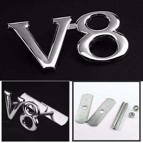 V8 logo 3d metal chrome silver v8 racing front hood grille badge emblem