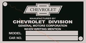 Chevrolet data plate serial number id tag vin
