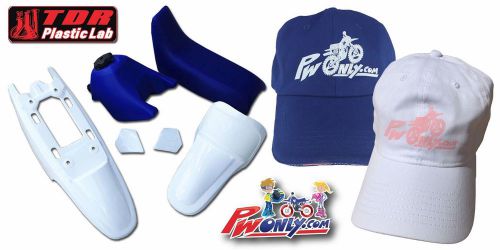 Pw50 pw 50 yamaha white fender plastic kit, blue seat &amp; tank, free pw hat