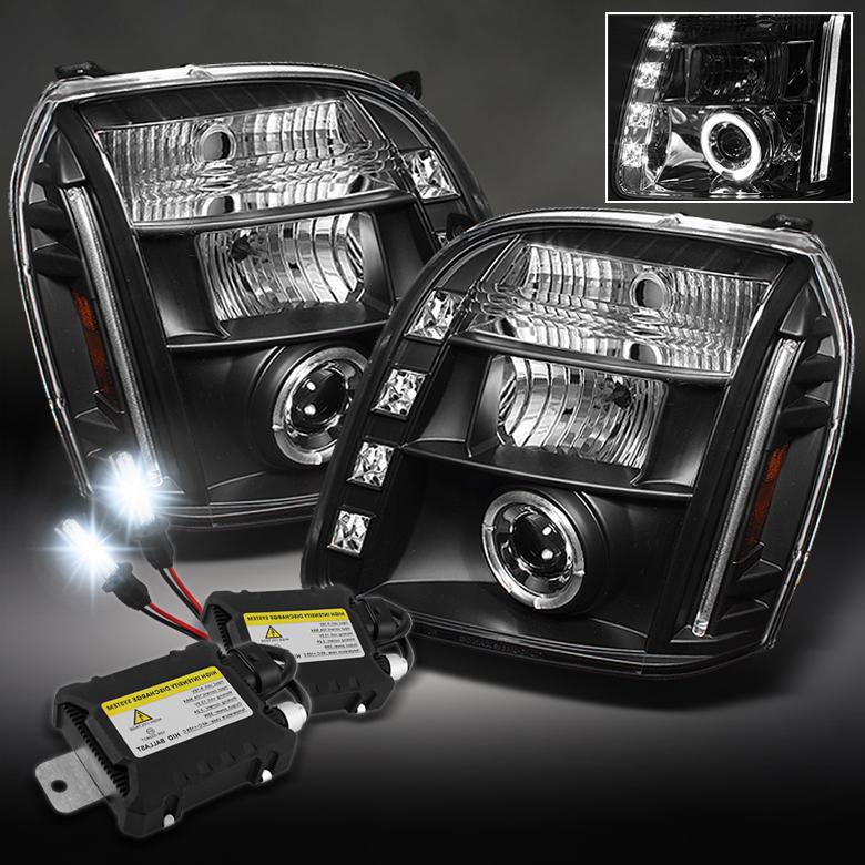 07-13 gmc yukon denali halo led projector black head lights+slim 6000k hid kit