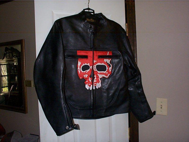 Very nice leather motorcycle biker jacket with a red skull may be custom made 