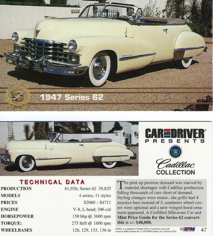 1947 cadillac series 62    "car and driver" collector card  (oversize)