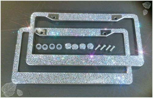 2 clear ab mix bling 3000 rhinestone crystals license plate frame w/screw caps