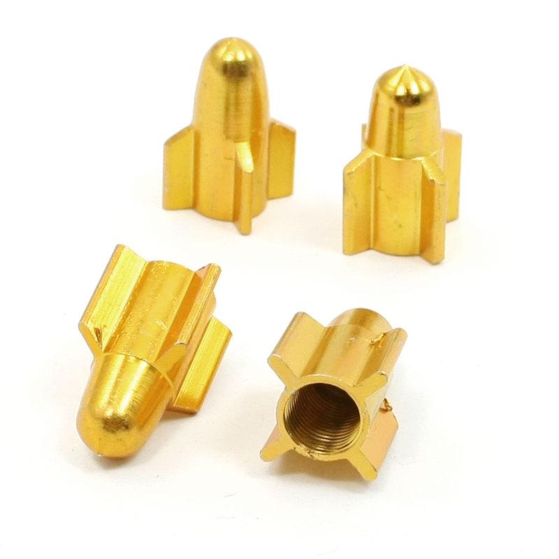 4 pcs 7mm thread car bicycle rocket shaped tyre tire valve caps cover gold tone
