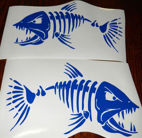 (2) skeleton fish smaller vinyl decals for  boat  -  fishing 7&#034; x 11&#034; blue