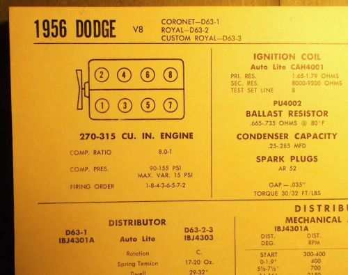 1956 dodge eight series d63-1 d63-2 d63-3 315 cubic inch v8 tune up chart