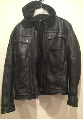 Mens black harley davidson leather jacket with hooded liner l euc