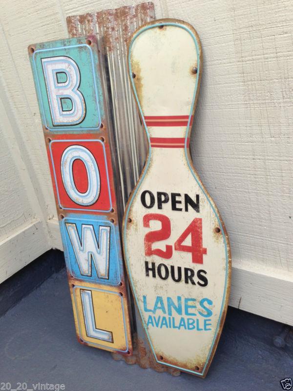 Large bowling alley sign corrugated metal bowling ball shoes pin neon look