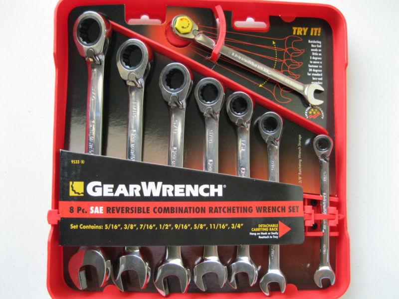 New gear wrench 8-piece reversible ratcheting combination wrench set - sae 9533