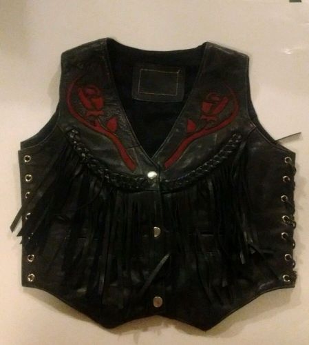 Premium leather ladies red rose pattern motorcycle  cut vest with side laces