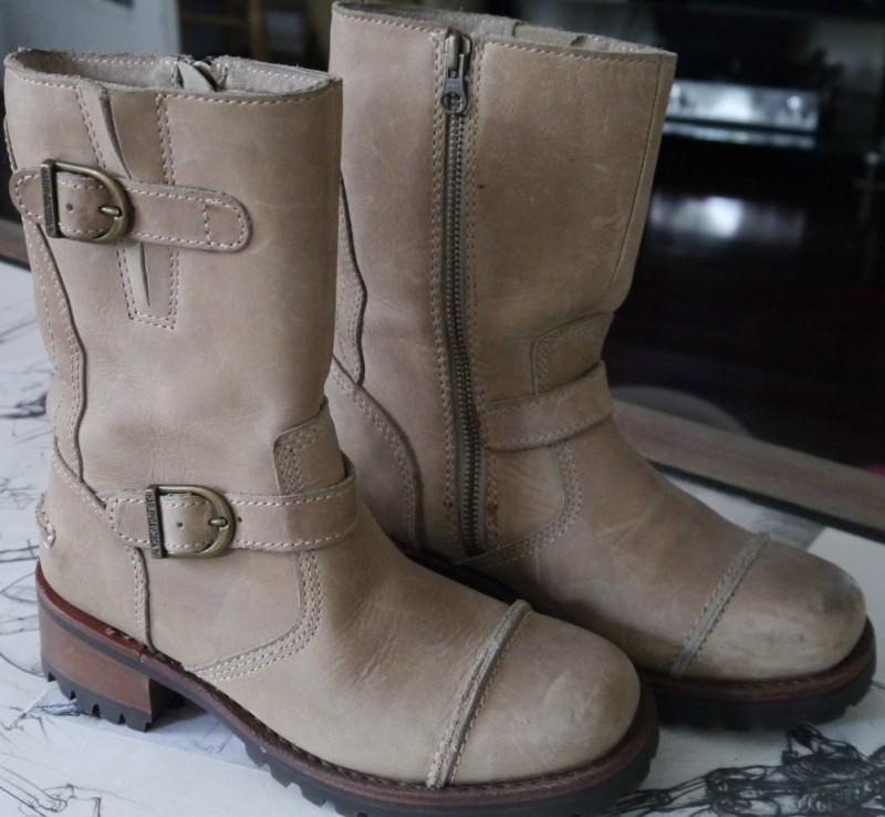 Harley davidson womens beige leather motorcycle boots, buckles & zip up size 6.5