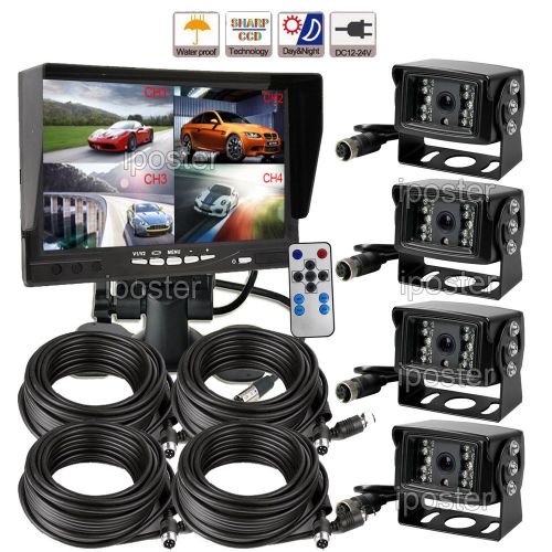 4x 12v reverse ccd camera 7&#034; split quad rear view monitor 4pin 10m cable system