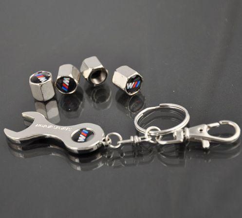 Tire valve caps with mini wrench & keychain for bmw m-series (4-piece pack)