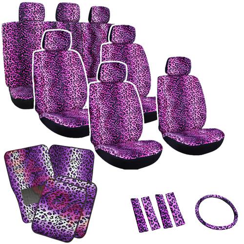 27pc set seat cover purple leopard cheetah animal floor mat+wheel+belt+head-pads