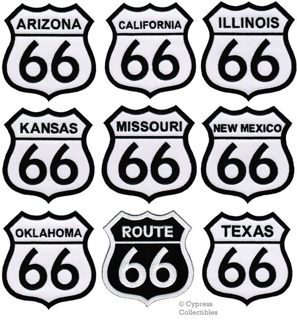 Lot of nine (9) - route 66 state patches embroidered iron-on road signs biker