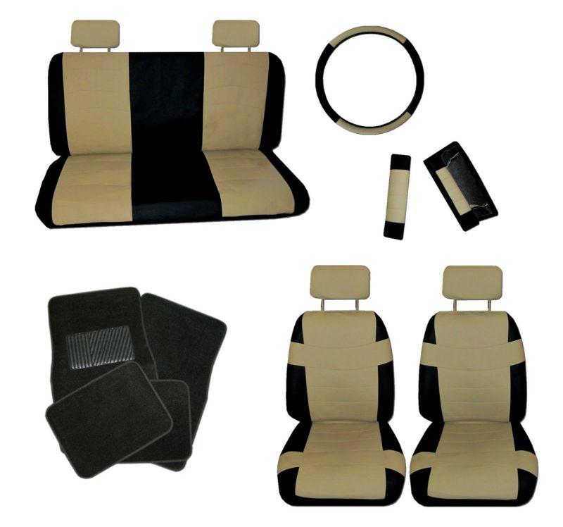 Superior faux leather tan black car seat covers set and black floor mats #b