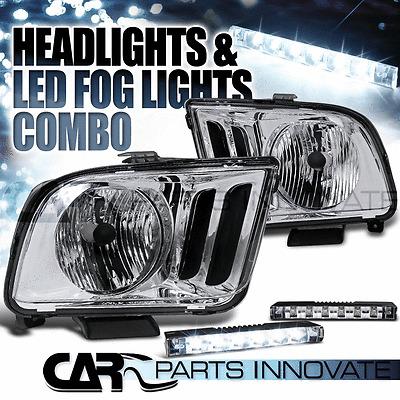 05-09 ford mustang crystal chrome headlights+white 6-led bumper fog lamps