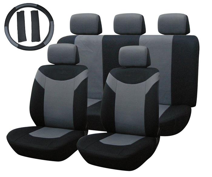 Gray and black car front back seat covers free steering wheel-belt pad-head rest