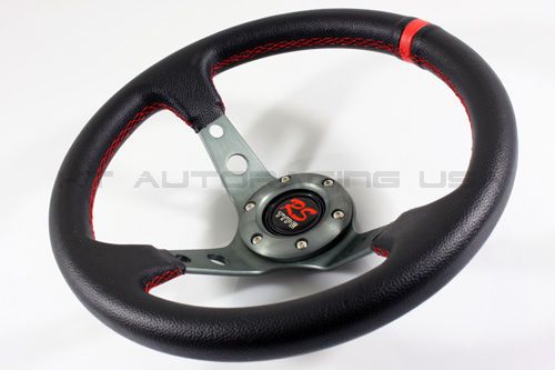 320mm deep dish steering wheel red stitched black leather grip/gunmetal spokes