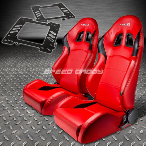 Pair nrg reclining red pvc racing bucket seat+bracket for 99-04 mustang sn-95