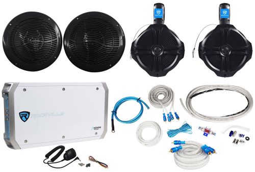 (2) rockville rmc80b 8&#034; marine boat speakers+(2) 8&#034; wakeboards+4-ch amp+wire kit