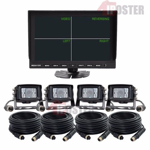 Car truck bus rear view kit 9&#034; quad monitor + 4x 4pin revering ccd color camera