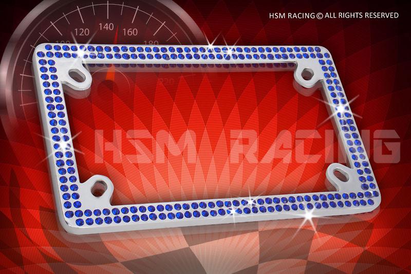 Bling 2 row motorcycle blue real crystal embedded chrome license plate frame 
