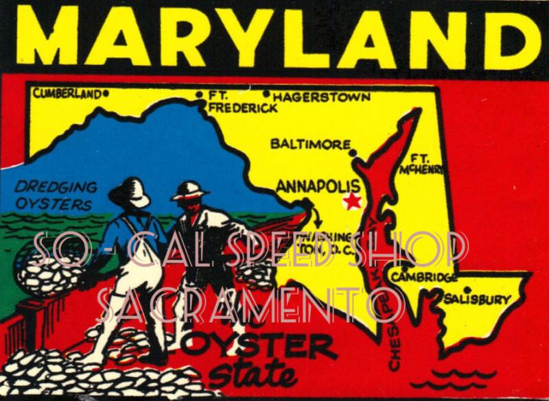 Vintage travel decal maryland oyster state rat hot rod trailer old souvenir auto