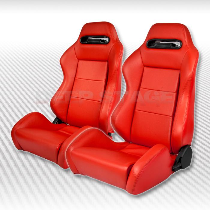 Red 100% real leather fully reclinable type-r style racing seats pair+sliders