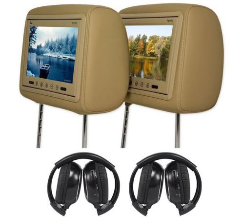 Pair of tview t921pl 9&#034; beige/tan car headrest video monitors+2 wireless headset