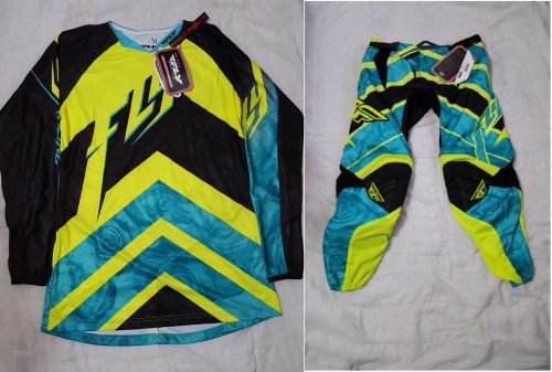 Fly racing kinetic teal/hi-vis womens pant/jersey riding gear mx atv, size 5/6