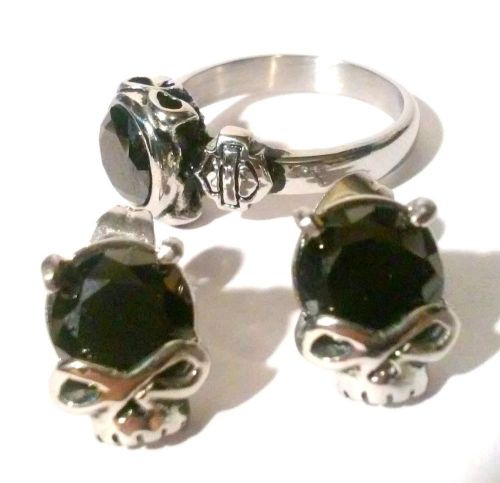 &#039;harley davidson willie g black crystal ladies biker ring &amp; earring set (size 7)