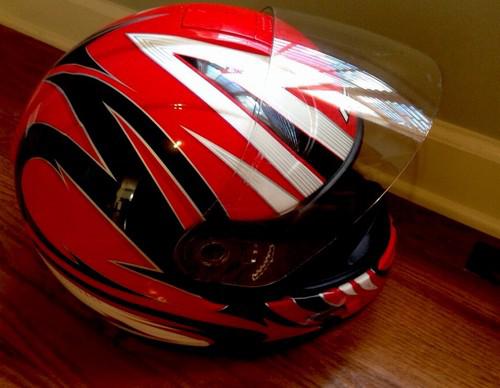 Icon alliance red white & black full faced riding helmet size large