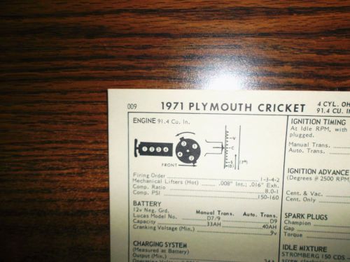 1971 plymouth cricket four series models 57hp 91.4 ci (1500cc) l4 tune up chart
