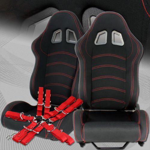 Type-1 black cloth red stitching racing seat + 5-point red seat belt universal 1