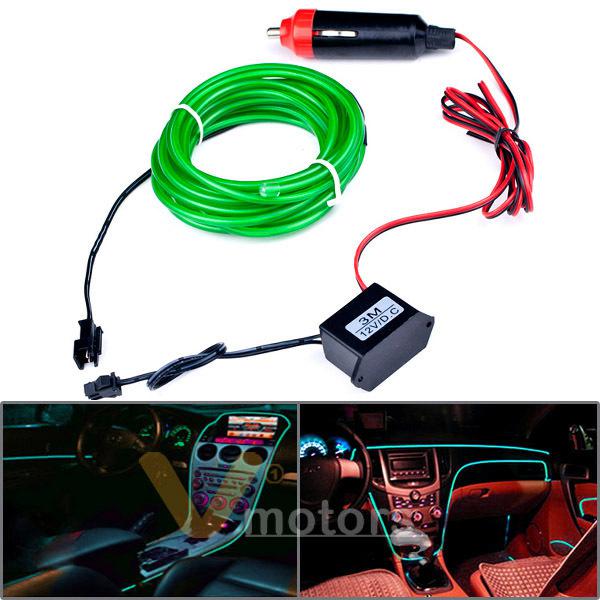 10ft flexible green el neon glow lighting strip + charger for car interior deco