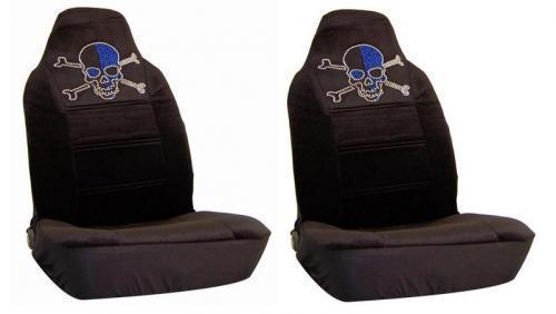 Skull & crossbones blue rhinestone seat covers - one pair