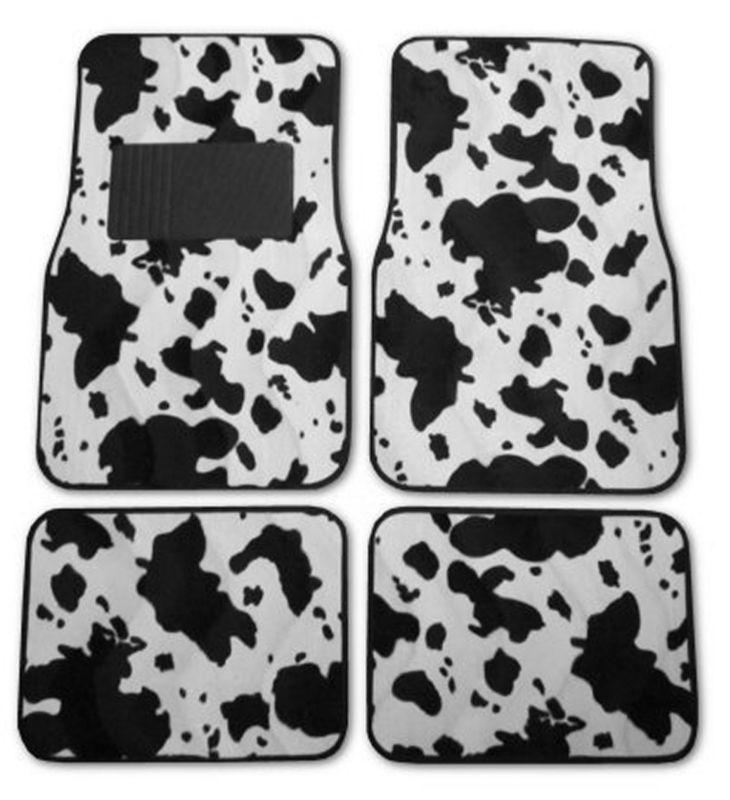 Cow black white universal car front rear floor mats w/ drivers side heel pad l