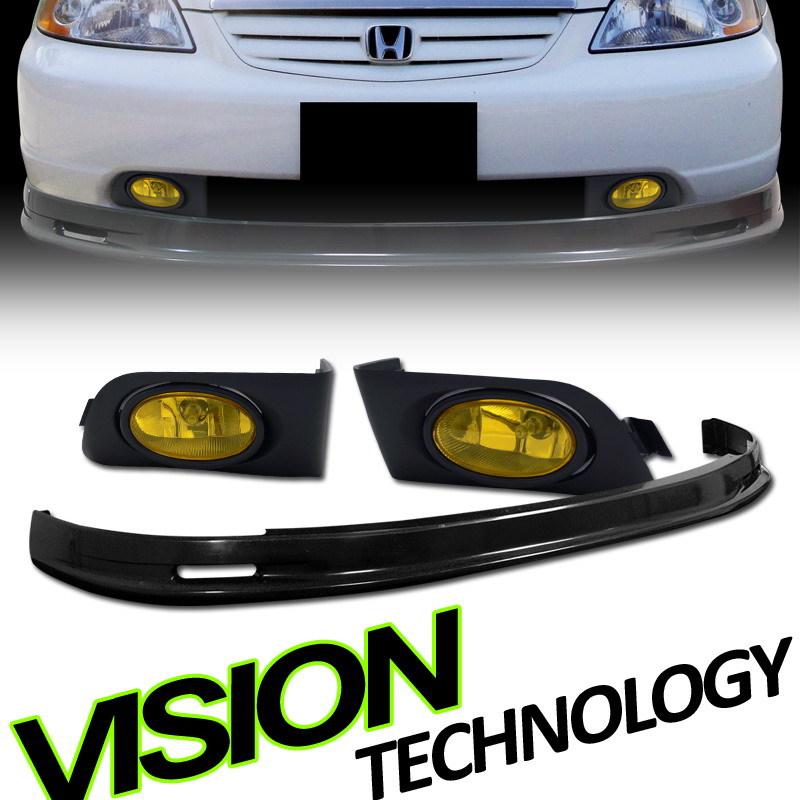 2001-2003 honda civic 2dr/4dr mug style abs front bumper lip spoiler+fog lights