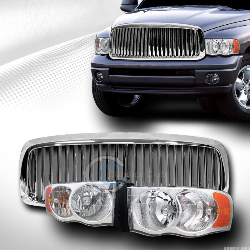 Chrome head lights lamps amber+vertical front hood grill grille 02-05 dodge ram