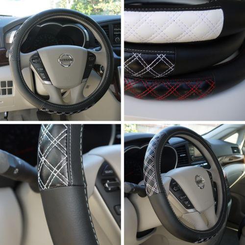 Steering wheel cover 57011 leather honda toyota black+white civic 14"-15" suv m 